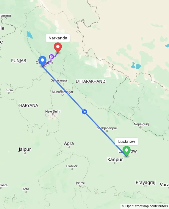 Route map showing distance and travel time from Lucknow, India to Narkanda, India