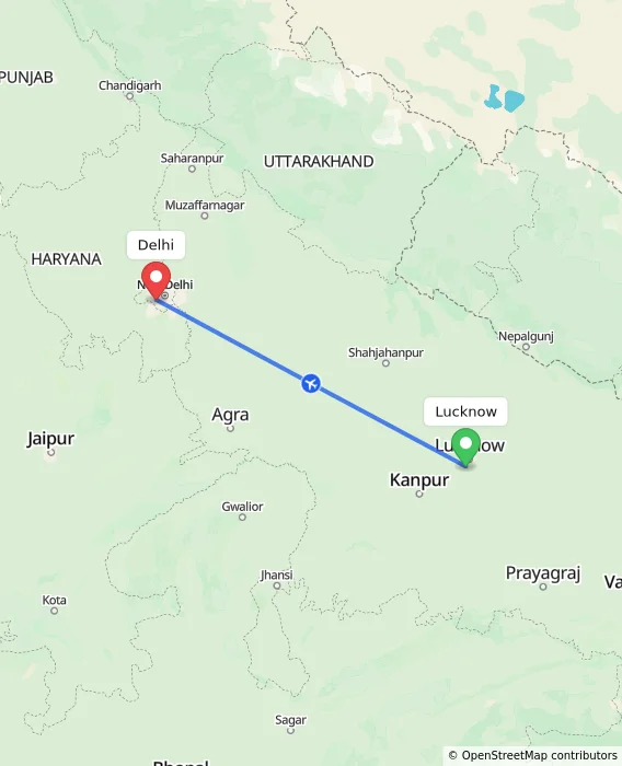 Route map showing distance and travel time from Lucknow, India to Delhi, India