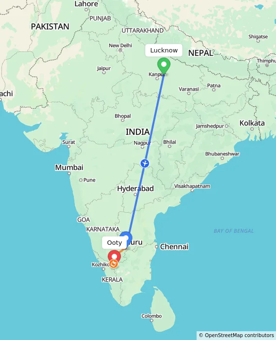 Route map showing distance and travel time from Lucknow, India to Ooty, India