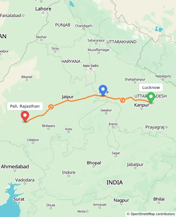 Route map showing distance and travel time from Lucknow, India to Pali, Rajasthan, India