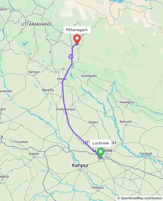 Route map showing distance and travel time from Lucknow, India to Pithoragarh, India
