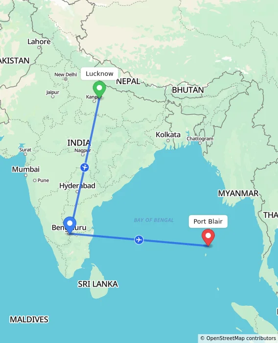 Route map showing distance and travel time from Lucknow, India to Port Blair, India
