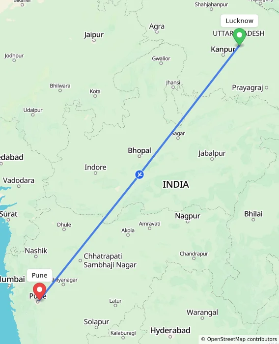 Route map showing distance and travel time from Lucknow, India to Pune, India