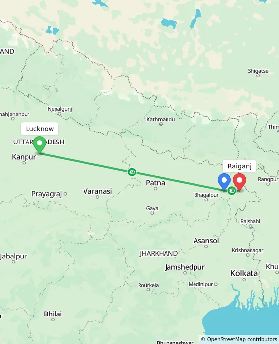 Route map showing distance and travel time from Lucknow, India to Raiganj, India