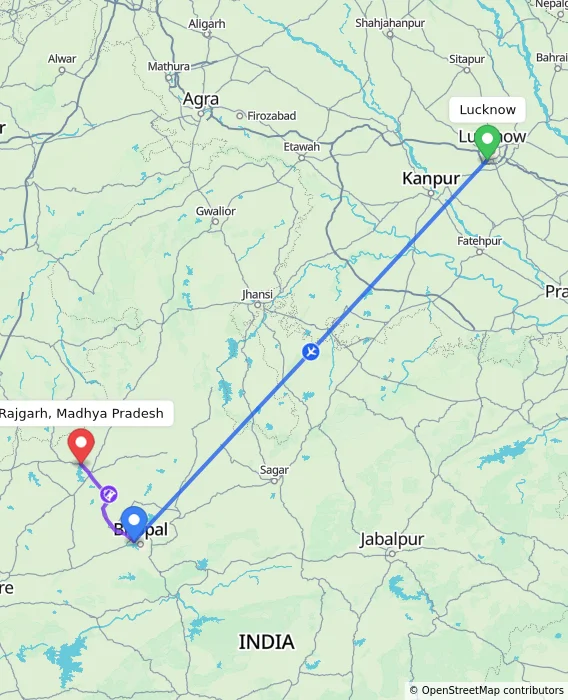 Route map showing distance and travel time from Lucknow, India to Rajgarh, Madhya Pradesh, India