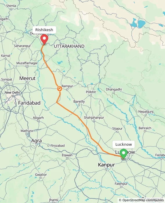Route map showing distance and travel time from Lucknow, India to Rishikesh, India