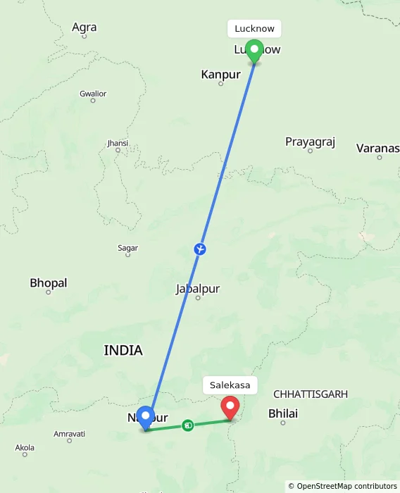 Route map showing distance and travel time from Lucknow, India to Salekasa, India