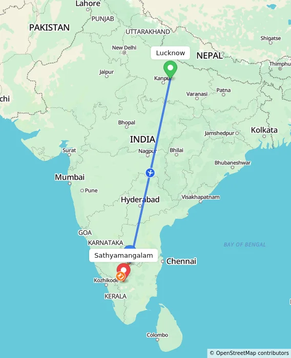 Route map showing distance and travel time from Lucknow, India to Sathyamangalam, India