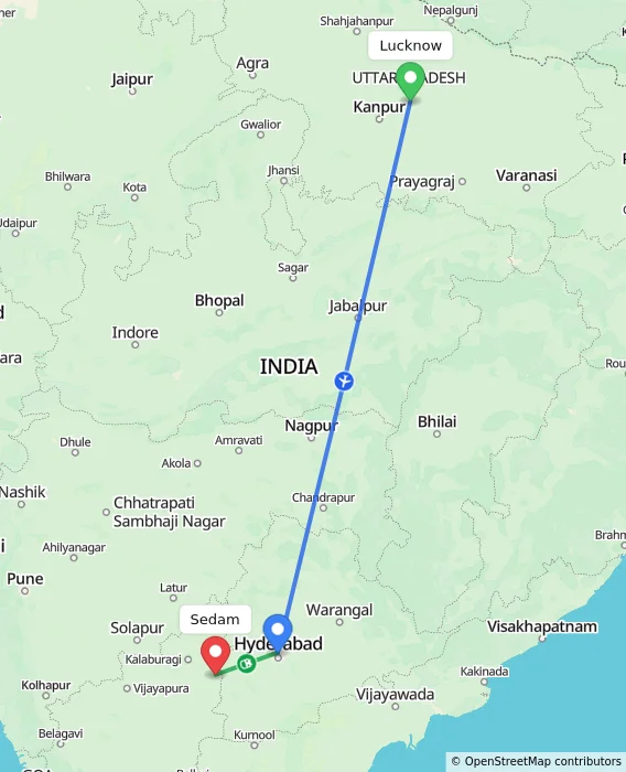 Route map showing distance and travel time from Lucknow, India to Sedam, India