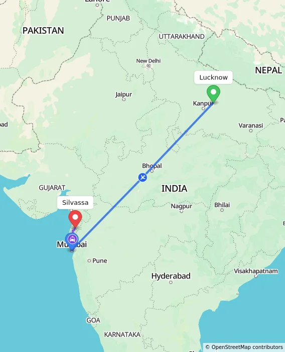 Route map showing distance and travel time from Lucknow, India to Silvassa, India