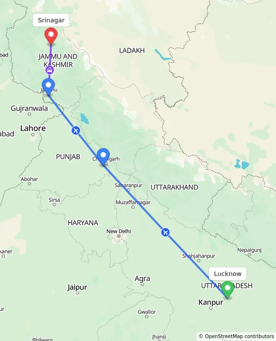 Route map showing distance and travel time from Lucknow, India to Srinagar, India
