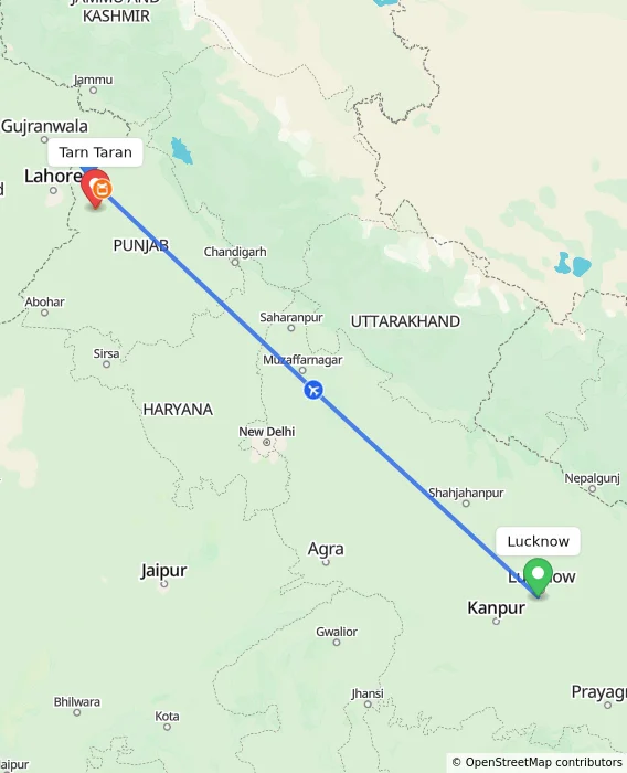 Route map showing distance and travel time from Lucknow, India to Tarn Taran, India