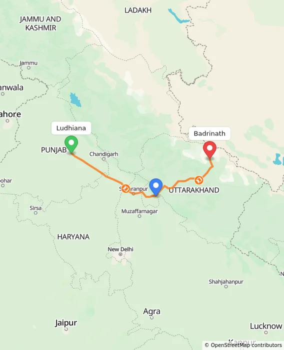 Route map showing distance and travel time from Ludhiana, India to Badrinath, India