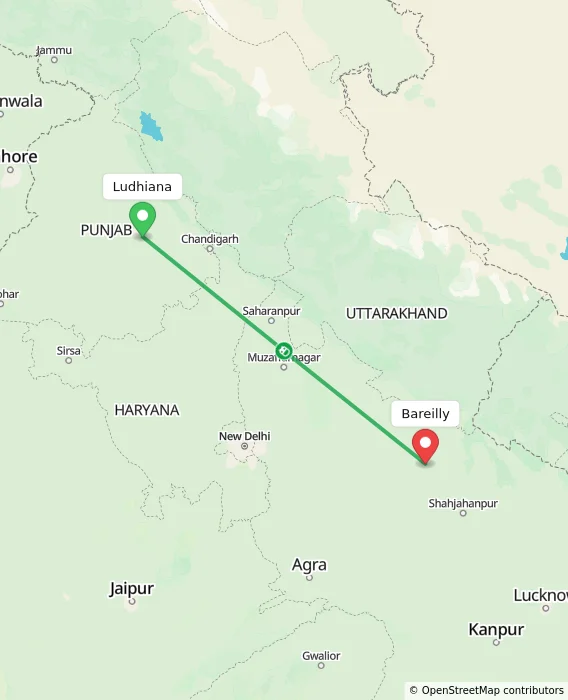 Route map showing distance and travel time from Ludhiana, India to Bareilly, India