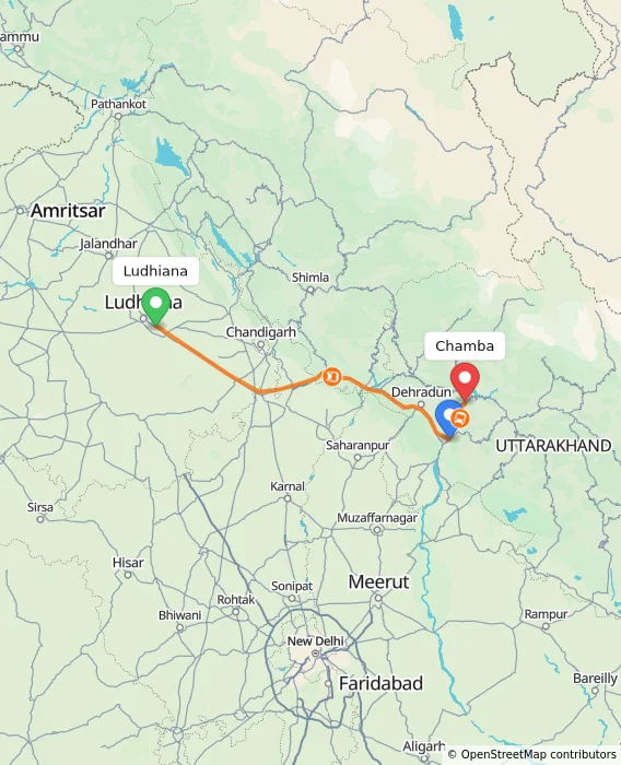Route map showing distance and travel time from Ludhiana, India to Chamba, India