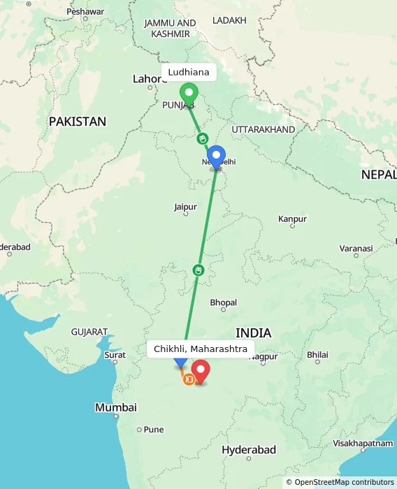 Route map showing distance and travel time from Ludhiana, India to Chikhli, Maharashtra, India