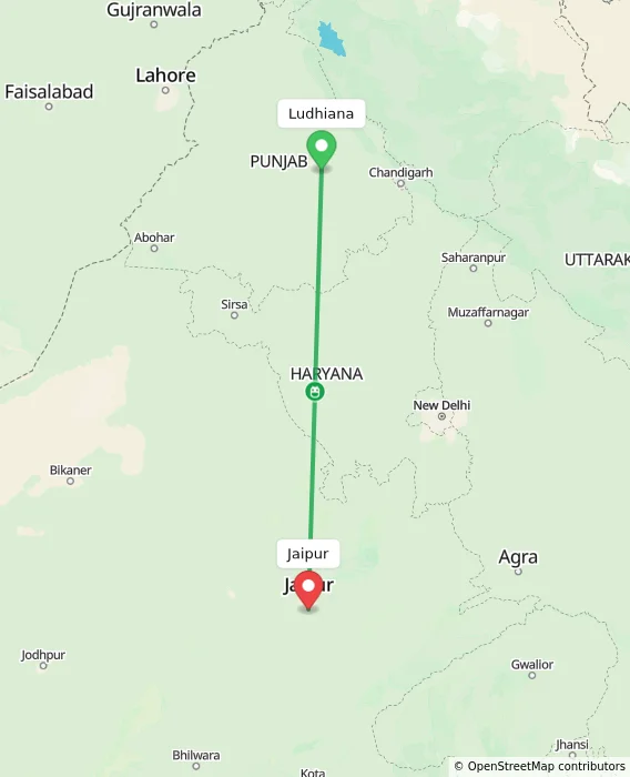 Route map showing distance and travel time from Ludhiana, India to Jaipur, India