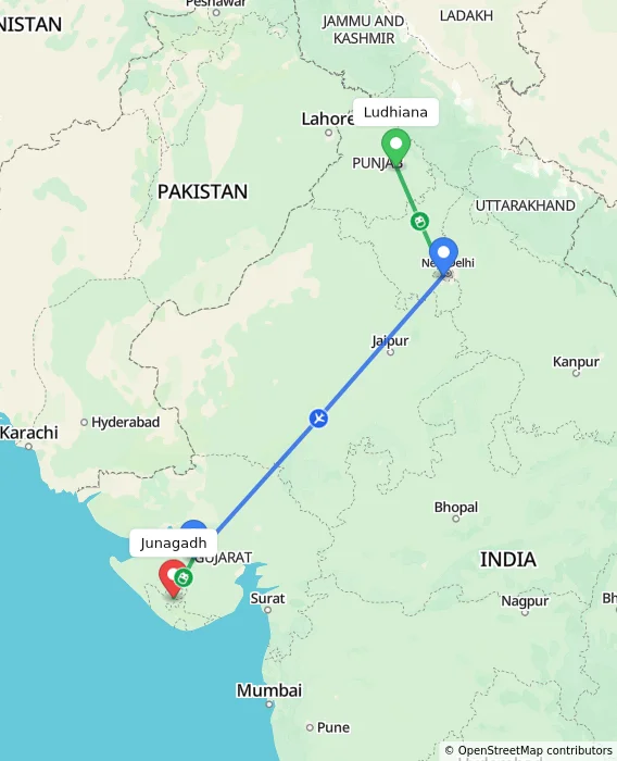 Route map showing distance and travel time from Ludhiana, India to Junagadh, India