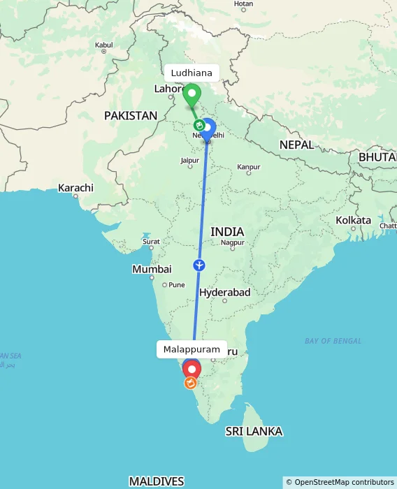 Route map showing distance and travel time from Ludhiana, India to Malappuram, India
