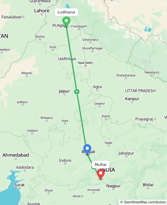 Route map showing distance and travel time from Ludhiana, India to Multai, India