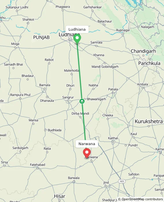 Route map showing distance and travel time from Ludhiana, India to Narwana, India