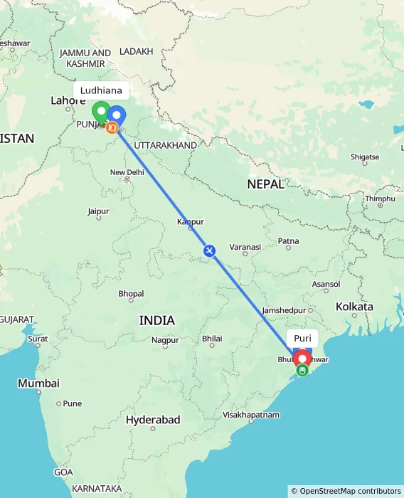 Route map showing distance and travel time from Ludhiana, India to Puri, India