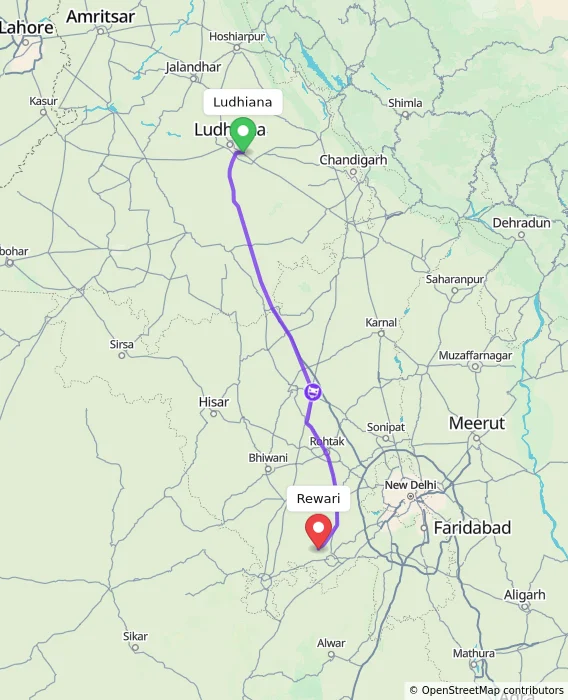 Route map showing distance and travel time from Ludhiana, India to Rewari, India