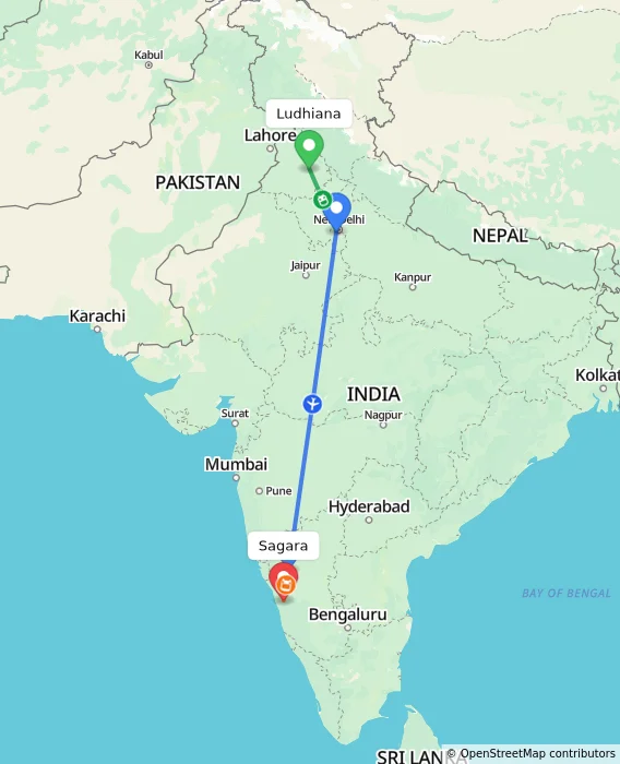 Route map showing distance and travel time from Ludhiana, India to Sagara, India