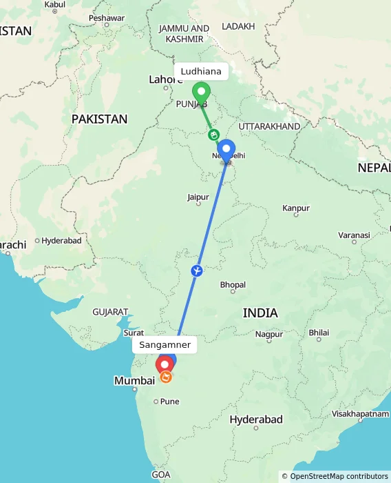 Route map showing distance and travel time from Ludhiana, India to Sangamner, India