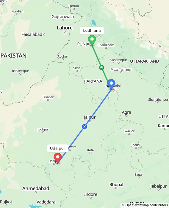 Route map showing distance and travel time from Ludhiana, India to Udaipur, India