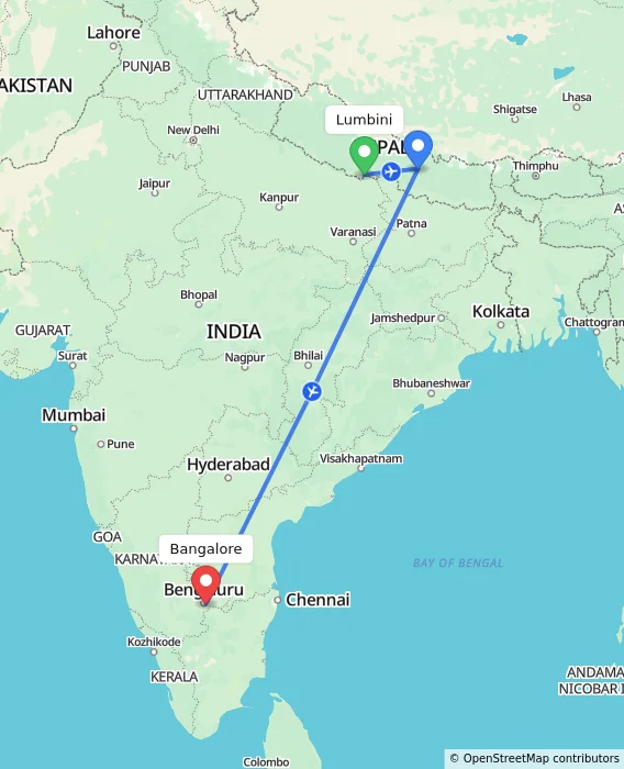 Route map showing distance and travel time from Lumbini, Nepal to Bangalore, India