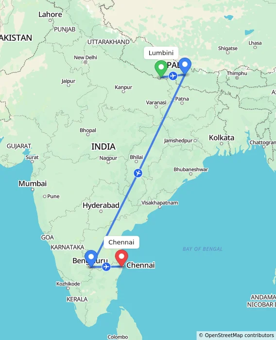 Route map showing distance and travel time from Lumbini, Nepal to Chennai, India