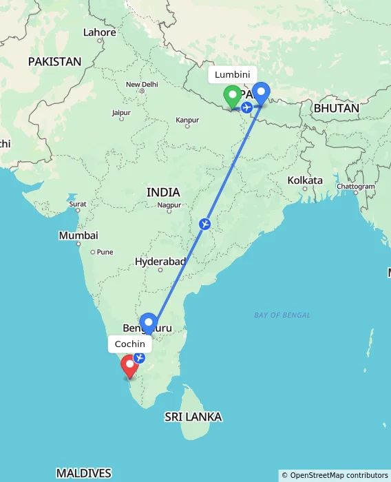 Route map showing distance and travel time from Lumbini, Nepal to Cochin, India