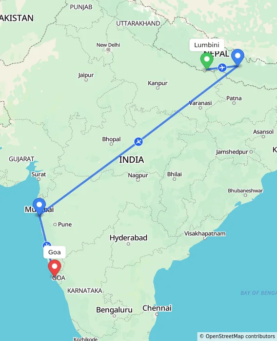 Route map showing distance and travel time from Lumbini, Nepal to Goa, India