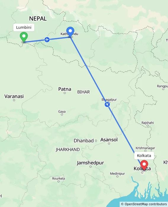 Route map showing distance and travel time from Lumbini, Nepal to Kolkata, India