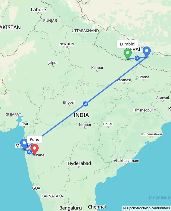 Route map showing distance and travel time from Lumbini, Nepal to Pune, India