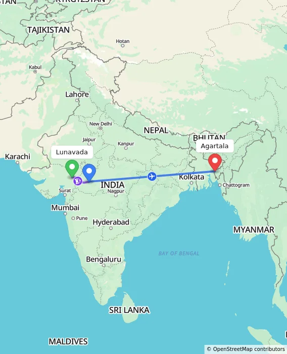 Route map showing distance and travel time from Lunavada, India to Agartala, India