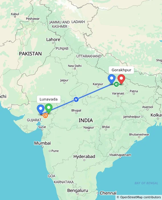 Route map showing distance and travel time from Lunavada, India to Gorakhpur, India