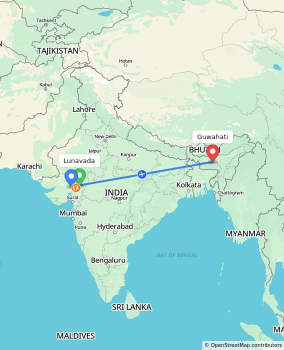 Route map showing distance and travel time from Lunavada, India to Guwahati, India