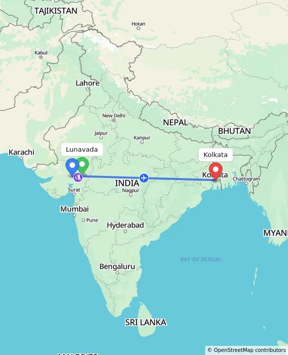Route map showing distance and travel time from Lunavada, India to Kolkata, India