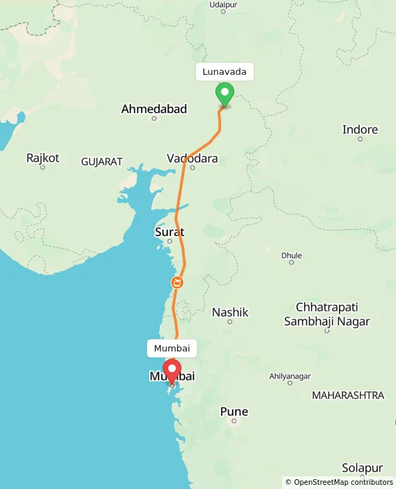 Route map showing distance and travel time from Lunavada, India to Mumbai, India