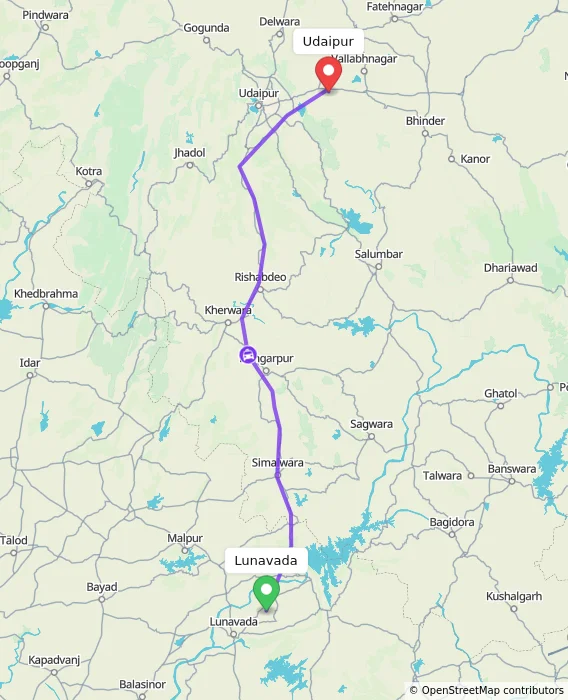 Route map showing distance and travel time from Lunavada, India to Udaipur, India