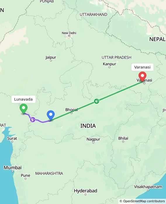 Route map showing distance and travel time from Lunavada, India to Varanasi, India