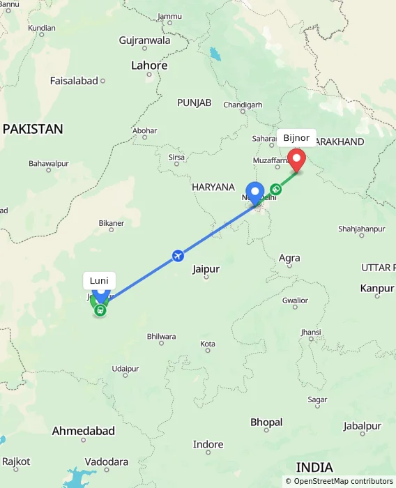 Route map showing distance and travel time from Luni, India to Bijnor, India
