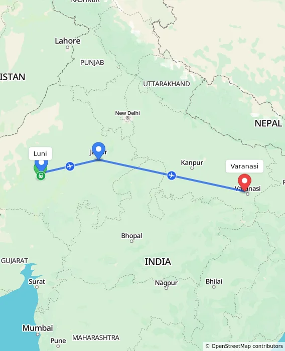 Route map showing distance and travel time from Luni, India to Varanasi, India
