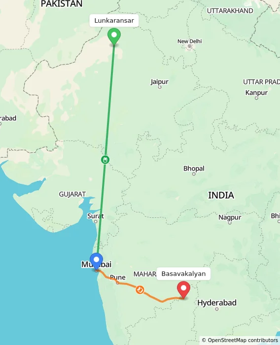 Route map showing distance and travel time from Lunkaransar, India to Basavakalyan, India