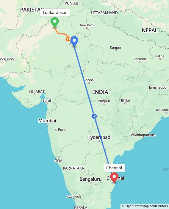 Route map showing distance and travel time from Lunkaransar, India to Chennai, India