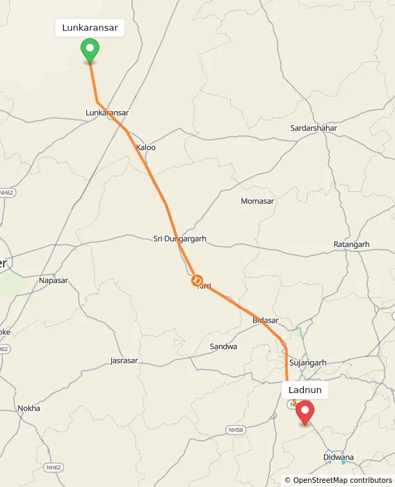Route map showing distance and travel time from Lunkaransar, India to Ladnun, India