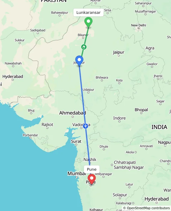 Route map showing distance and travel time from Lunkaransar, India to Pune, India