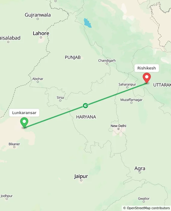 Route map showing distance and travel time from Lunkaransar, India to Rishikesh, India